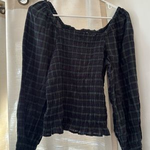 Madewell Smocked Plaid Top Navy and Green Size S